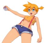  denim_shorts gym_leader hashi holding holding_poke_ball kasumi_(pokemon) orange_hair poke_ball pokemon shorts side_ponytail simple_background solo suspenders white_background 
