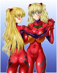  back blonde_hair blue_eyes blush bodysuit breasts cosplay from_behind glasses highres huge_breasts kamia_(not_found) looking_back matsuoka_kiyone neon_genesis_evangelion not_found_(artist) original plugsuit souryuu_asuka_langley souryuu_asuka_langley_(cosplay) sugino_miyo 