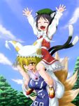  \o/ animal_ears arms_up black_hair blonde_hair brown_hair carrying cat_ears cat_tail chen closed_eyes fang fox_tail hat laughing multi_tail multiple_girls multiple_tails ofuda open_mouth outstretched_arms short_hair shoulder_carry tail touhou warabi_mochi yakumo_ran yellow_eyes 