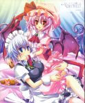  :d bat_wings bed blue_eyes bow braid breasts cookie fang food frills hat highres hinata_momo hug izayoi_sakuya lying maid maid_headdress miyasu_risa multiple_girls open_mouth pink_hair red_eyes remilia_scarlet silver_hair slit_pupils smile touhou wings wrist_cuffs 