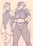  bad_id beret braid bun_cover cammy_white capcom china_dress chinadress chinese_clothes chun-li double_bun hair_buns hat leotard lips monochrome multiple_girls pantyhose pink_background purple redrop sketch street_fighter thick_thighs thighs 