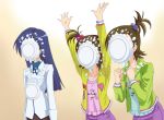  3girls arms_up birthday dessert futami_ami futami_mami hair_bobbles hair_ornament idolmaster in_the_face kisaragi_chihaya outstretched_arms pie pie_in_face refine siblings sisters twins 