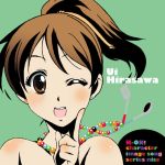  brown_eyes brown_hair hirasawa_ui jewelry k-on! ladle mikage_nao necklace ponytail short_hair solo spatula wink 