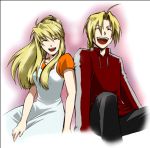  blonde_hair braid casual closed_eyes edward_elric fullmetal_alchemist laughing lowres ponytail single_braid smile winry_rockbell 