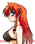  blue_eyes blush bra braid breasts erect_nipples hong_meiling lace-trimmed_bra large_breasts lingerie long_hair profile red_hair redhead side simple_background solo sweatdrop takadoya touhou twin_braids underwear 