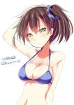  1girl :/ arm_up bangs bare_arms bare_shoulders bikini black_hair blue_bikini blush breasts cleavage closed_mouth collarbone eyebrows eyebrows_visible_through_hair hair_ornament hair_scrunchie hand_on_own_head highres hizaka kaga_(kantai_collection) kantai_collection large_breasts looking_at_viewer navel scrunchie side_ponytail simple_background solo stomach sweatdrop swimsuit twitter_username upper_body white_background yellow_eyes 