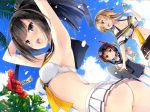  3girls :&lt; adapted_costume ahoge akizuki_(kantai_collection) arched_back armpits arms_up ass bare_shoulders bikini bikini_skirt black_hair black_skirt blue_eyes blue_skirt blue_sky blush braid breasts buttons clothes_writing diving_mask diving_mask_on_head flower hachimaki hair_flaps hair_ornament hairband hatsuzuki_(kantai_collection) headband hibiscus jitome kantai_collection light_brown_hair long_hair looking_back medium_breasts microskirt multiple_girls natsume_eri navel neckerchief no_panties one-piece_swimsuit open_mouth palm_tree plant ponytail propeller_hair_ornament short_hair skirt sky small_breasts snorkel swimsuit teruzuki_(kantai_collection) tree twin_braids white_skirt yellow_eyes 