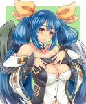  1girl asymmetrical_wings blue_hair blush breasts cleavage detached_sleeves dizzy eyebrows eyebrows_visible_through_hair green_background guilty_gear guilty_gear_xrd hair_ribbon large_breasts long_hair looking_at_viewer navel pink_eyes ribbon smile solo twintails wide_sleeves wings yellow_ribbon yoohi 