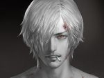  1boy black_background blood blood_on_face cdash817 cigarette eyelashes facial_hair hair_over_one_eye injury light_particles looking_at_viewer male_focus monochrome mouth_hold one_eye_covered one_piece orange_eyes portrait realistic sanji scratches solo spot_color stubble teeth_hold 