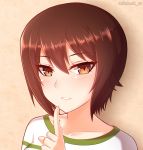  1girl brown_eyes brown_hair girls_und_panzer highres mikhail_n nishizumi_maho open_mouth shirt short_hair solo t-shirt 