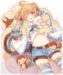  1girl ;3 ahoge anchira_(granblue_fantasy) bell blonde_hair blue_ribbon blush cherry_blossoms cleavage_cutout clouds cowboy_shot erun_(granblue_fantasy) from_above fur_trim granblue_fantasy hairband jingle_bell long_sleeves looking_at_viewer lying monkey monkey_ears monkey_tail on_back red_eyes ribbon riruno shorts sleepy solo striped striped_legwear tail tail_bell tail_ribbon thigh-highs 