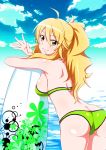  1girl ahoge alternate_hairstyle ass bikini blonde_hair breasts butt_crack eyebrows eyebrows_visible_through_hair green_bikini green_eyes hoshii_miki idolmaster jabara_tornado long_hair looking_at_viewer ocean ponytail sideboob smile solo surfboard swimsuit 