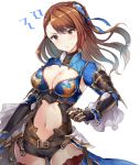  1girl beatrix_(granblue_fantasy) belt blush breasts brown_eyes brown_hair cleavage cleavage_cutout gauntlets granblue_fantasy hair_ornament hayama_eishi large_breasts long_hair looking_at_viewer navel navel_cutout ponytail simple_background solo stomach white_background 