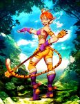  1girl animal_ears ass breath breath_of_fire breath_of_fire_ii fingerless_gloves genzoman gloves green_eyes looking_at_viewer orange_hair pointy_ears rinpoo_chuan sharp_nails slit_pupils solo staff tail tiger_stripes tiger_tail toeless_legwear whisker_markings 