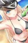  1girl alcohol beach beer bikini bismarck_(kantai_collection) blonde_hair blue_eyes breasts hat highres kantai_collection ocean peaked_cap sand sinka104029 solo sweat sweating sweating_profusely swimsuit water wet 