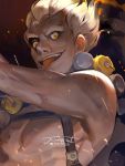  1boy arm_tattoo bare_shoulders blonde_hair character_name explosive fang fiery_hair fire furrowed_eyebrows grenade harness junkrat_(overwatch) looking_at_viewer messy_hair open_mouth overwatch shirtless short_hair smoke solo strap teeth tongue tongue_out twitter_username upper_body yellow_eyes 