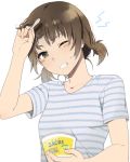  1girl black_eyes brain_freeze brown_hair clenched_teeth food ice_cream looking_at_viewer mattaku_mousuke one_eye_closed original shirt simple_background solo striped striped_shirt teeth twintails white_background 