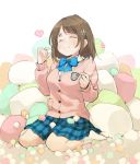  1girl :t ^_^ blazer bow bowtie brown_hair closed_eyes closed_mouth denchuubou eating flower food hair_flower hair_ornament happy heart idolmaster idolmaster_cinderella_girls jacket marshmallow mimura_kanako oversized_object short_hair sitting skirt smile solo wariza 