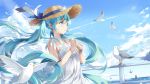  1girl animal aqua_eyes aqua_hair bangs bead_bracelet bird blue_ribbon blue_sky blush bottle bracelet clouds condensation_trail dress eyelashes flat_chest floating_hair flower from_side glass glass_bottle hair_between_eyes hat hat_flower hat_ribbon hatsune_miku highres holding holding_bottle jewelry k.syo.e+ lens_flare long_hair motion_blur necklace ocean outdoors parted_lips railing revision ribbon scroll seagull sky sleeveless sleeveless_dress straw_hat summer sundress tower twintails upper_body very_long_hair vocaloid water_drop white_dress wind 