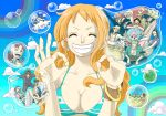  bellemere bikini_top blue_sky bracelet brook bubble character_request cleavage closed_eyes clouds coin commentary_request earrings franky grin happy_birthday jewelry kyakya laughing long_hair monkey_d_luffy nami_(one_piece) nico_robin nojiko one_piece orange_hair pose rainbow roronoa_zoro sanji sky smile tony_tony_chopper usopp 