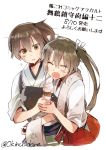 2girls brown_hair closed_eyes commentary_request cowboy_shot dirty_face food grey_hair hair_ribbon hakama_skirt holding_hands ice_cream japanese_clothes kaga_(kantai_collection) kantai_collection long_hair multiple_girls muneate okinu_(okinu_dane) ribbon side_ponytail simple_background sweatdrop towel towel_around_neck translation_request twintails twitter_username white_background wide_sleeves zuikaku_(kantai_collection) 