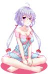  1girl :&lt; ahoge bare_shoulders barefoot blush breasts cleavage collarbone crossed_legs etan14 eyebrows eyebrows_visible_through_hair full_body hair_ribbon hands_on_legs highres long_hair looking_to_the_side low-tied_long_hair pajamas pout purple_hair red_ribbon ribbon senki_zesshou_symphogear sitting solo twintails very_long_hair violet_eyes white_background yukine_chris 