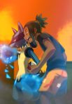  1boy artist_request black_eyes black_shirt brown_hair clouds dark_skin hau_(pokemon) highres holding holding_poke_ball looking_to_the_side lucario male_focus open_mouth orange_sky poke_ball pokemon pokemon_(creature) pokemon_(game) pokemon_sm profile red_eyes shirt shorts sky standing 