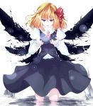  1girl blonde_hair editmydear hair_ribbon highres juliet_sleeves long_sleeves partially_submerged pointy_ears puffy_sleeves red_eyes ribbon rumia shirt short_hair skirt solo touhou vest water wings 