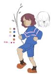  androgynous bandaid bandaid_on_face black_legwear braid branch brown_hair clenched_hands color_guide crocs english frisk_(undertale) highres shorts sketch soleilos solo stick striped striped_sweater sweater undertale 
