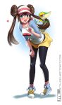  1girl brown_hair double_bun full_body hair_bun highres mei_(pokemon) mleth pantyhose pokemon pokemon_(creature) pokemon_(game) pokemon_bw2 snivy twintails visor_cap 