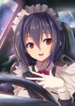  1girl :d apron black_dress blue_hair blush car car_interior city_lights close-up collared_shirt copyright_request dress driver fukai_ryousuke gloves ground_vehicle hair_between_eyes hand_on_own_chest harness lamp lamppost long_sleeves looking_at_viewer maid maid_headdress motor_vehicle open_mouth original purple_hair red_eyes red_ribbon ribbon round_teeth seat shirt short_hair signature smile solo steering_wheel teeth tsurime upper_body vehicle white_gloves 