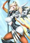  1girl blonde_hair blue_background blue_eyes bodysuit breasts cowboy_shot ears emblem from_side gggg high_ponytail highres large_breasts looking_at_viewer mechanical_halo mechanical_wings mercy_(overwatch) overwatch pantyhose parted_lips pose side_glance solo staff wings 
