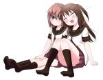  2girls :d ^_^ arm_support blush brown_hair closed_eyes hand_on_own_knee isurugi_aoi kamiki_uutarou kneehighs multiple_girls no_shoes open_mouth risetto! school_uniform side-by-side simple_background sitting smile takaoka_hiro two_side_up white_background yuru_yuri 