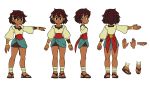  1girl ajna_(indivisible) ankle_wraps beads bike_shorts bracelet bridal_gauntlets brown_hair character_sheet dark_skin dress flat_color hair_ornament indivisible jewelry outstretched_arm sandals sash short_sleeves shorts_under_skirt standing turnaround white_background 
