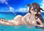  1girl bare_shoulders breasts brown_eyes brown_hair cleavage danua doraf granblue_fantasy horn_ornament horns large_breasts long_hair navel signature solo swimsuit thighs water yosaku09161 