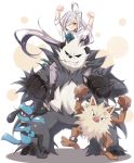  1girl asashimo_(kantai_collection) boots bow clenched_hands dress_shirt jiino kantai_collection long_hair mankey on_shoulder pangoro pokemon pokemon_(creature) purple_legwear riolu shirt uniform veins white_hair 