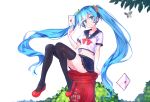  1girl aqua_eyes blue_hair crop_top envelope flower hair_flower hair_ornament hatsune_miku long_hair looking_at_viewer microskirt midriff navel postbox red_shoes school_uniform shoes sitting skirt solo thigh-highs twintails very_long_hair vocaloid z_shichao 