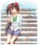  1girl 2016 :d bag black_hair bow bowtie buccho_(bucchoco) character_name collared_shirt dated hair_between_eyes hair_bow happy_birthday heart heart_of_string holding_strap knees_together love_live! love_live!_school_idol_project open_mouth red_bow red_eyes school_bag school_uniform shirt sitting skirt sleeves_rolled_up smile solo stairs twintails twitter_username white_shirt yazawa_nico 