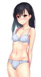  1girl arms_behind_back black_hair blue_bra blue_panties blush bra breasts brown_eyes cleavage closed_mouth collarbone cowboy_shot highres kagematsuri legs_together long_hair looking_at_viewer navel original panties simple_background small_breasts smile solo stomach underwear underwear_only white_background 