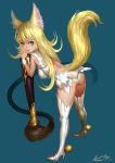  1girl animal_ears ankle_bell ariverkao artist_name ass bangs bell bent_over blonde_hair blue_background blue_eyes breasts calligraphy_brush closed_mouth dress eyelashes fox_ears fox_girl fox_tail from_above from_behind full_body hair_between_eyes high_heels large_breasts legs_apart long_hair looking_at_viewer microdress open-back_dress original oversized_object paintbrush panties pointing revealing_clothes signature simple_background sleeveless sleeveless_dress smile solo sphere spread_fingers standing tail thigh-highs underwear upskirt white_dress white_legwear white_panties wrist_cuffs 