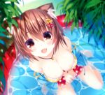  1girl :d animal_ears blurry breasts brown_hair cat_ears cleavage depth_of_field from_above hair_ornament hairclip highres jewelry looking_at_viewer looking_up necklace ooji_cha open_mouth original polka_dot polka_dot_swimsuit pool short_hair smile solo swimsuit 