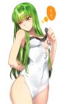  1girl arm_behind_back bare_shoulders blush breasts c.c. code_geass covered_navel creayus green_hair long_hair looking_away medium_breasts simple_background solo unzipped white_background yellow_eyes 