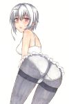  1girl ass bent_over black_legwear blush highres looking_at_viewer looking_back ole_tower panties panties_over_pantyhose pantyhose red_eyes sariri_fudou short_hair silver_hair simple_background solo sweatdrop thighband_pantyhose underwear white_background white_panties 