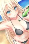  1girl alcohol beach beer bikini bismarck_(kantai_collection) blonde_hair blue_eyes breasts highres kantai_collection no_hat sand sinka104029 solo sweat sweating sweating_profusely swimsuit water wet 