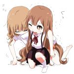  2girls barefoot brown_eyes brown_hair carrying furrowed_eyebrows heavy kamiki_uutarou kneehighs long_hair multiple_girls no_shoes one_eye_closed one_knee oomuro_hanako oomuro_sakurako open_mouth red_ribbon ribbon school_uniform siblings sisters skirt suspender_skirt suspenders sweatdrop trembling very_long_hair wavy_mouth white_legwear yuru_yuri zzz 