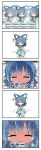  1girl 5koma blue_hair comic commentary dress hair_ornament hairpin highres kaku_seiga kasuura_(cacula) solo text touhou translation_request white_background 