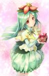  1girl artist_name bow bowtie dress flower gift green_dress green_hair hair_flower hair_ornament highres lilligant long_hair personification pokemon red_eyes solo yuitsuki1206 