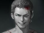  1boy ;) aqua_eyes black_background blood blood_on_face cdash817 dripping earrings green_eyes grin injury jewelry light_particles looking_at_viewer male_focus monochrome one_eye_closed one_piece parted_lips portrait realistic roronoa_zoro scar scar_across_eye scratches shade smile solo spot_color teeth 
