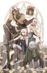  2boys 2girls dress emil_(nier) eyepatch father_and_daughter flower grimoire_weiss hair_flower hair_ornament hand_on_another&#039;s_head highres kaine_(nier) mask multiple_boys multiple_girls nier nier_(old) reema_and silver_hair sitting yonah 