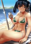  1girl bare_shoulders beach beer_can bikini blue_hair blush breasts collarbone hair_ribbon holding_can kantai_collection kashiwamochi_(kashiwakashiwa) large_breasts looking_at_viewer navel ribbon sand sitting smile solo souryuu_(kantai_collection) sparkle sweat swimsuit twintails water 